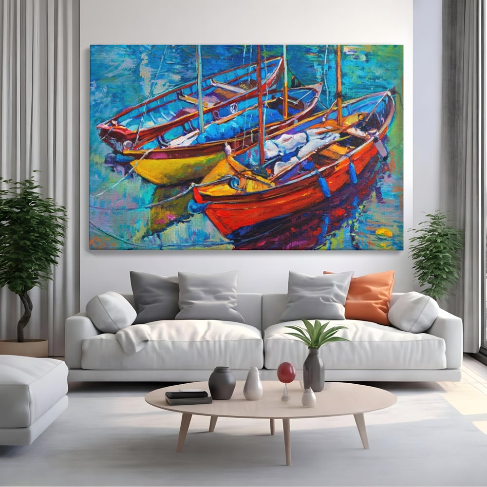 Tablou canvas cu tablou canvas cu barci in port, fara rama, pe sasiu de lemn, pe perete intr-un living
